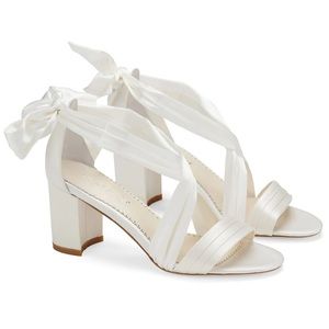Open Toe Ivory Ribbon Block Heels